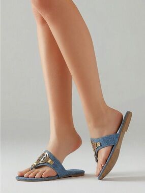 Denim Blue Women's Thong Sandals with Gold Accent